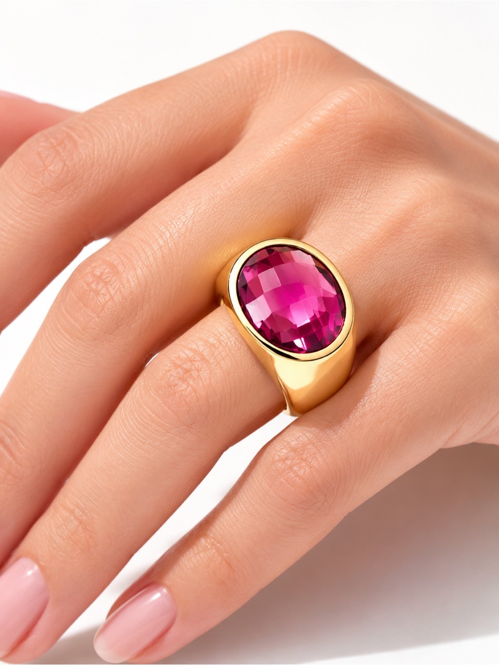 18K Gold Plated Pink Gemstone Statement Ring Stainless Steel Size 7.5 NWT